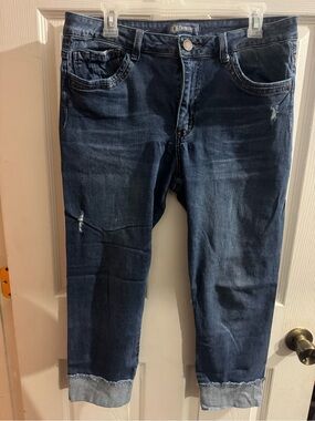 Democracy High Rise Dark Blue Denim Jean Capris - Distressed Cuffed Style